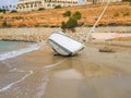 The yacht is shipwrecked and thrown ashore