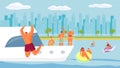 Yacht summer vacation at sea, vector illustration. Boat travel in ocean, people character in luxury relaxing trip