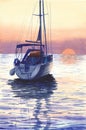 Yacht in sunset. Seascape, hand painted watercolor illustration Royalty Free Stock Photo