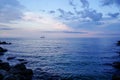 The yacht with the sunset time in the Baltic Sea. Sail boat with beautiful sky, clouds. Royalty Free Stock Photo