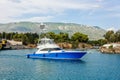 The yacht swims over the lowering bridge. Corinth Greece Royalty Free Stock Photo