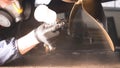 The yacht technician cleans the propeller using a chemical spray paint cleaner from dirt. Concept from: New technique, Chemistry