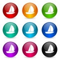 Yacht vector icons, set of colorful glossy 3d rendering ball buttons in 9 color options