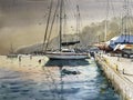 Yacht watercolor painting. Colorful watercolor hand painted lllustration, wallpaper, background with boat sail. Concept Royalty Free Stock Photo