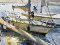 Yacht watercolor painting. Colorful watercolor hand painted lllustration, wallpaper, background with boat sail. Concept Royalty Free Stock Photo