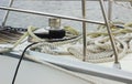 Yachting, coiled rope on sailboat, details of yacht Royalty Free Stock Photo