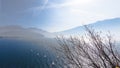 Yachting. Landscape panorama with yacht sailer ship sailing by lake or sea waves in evening sunset sun sunbeams. Fishing Royalty Free Stock Photo