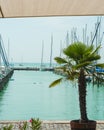 Yachting, luxury, sailing concept. Cruise yachts at coast of Balaton lake, the famous resort area of Hungary. Two ducks swimming i