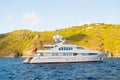 Yachting and sailing adventure in gustavia, st.barts. Yacht at sea coast on sunny blue sky. Luxury travel and voyage on boat. Summ