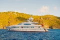 Yachting and sailing adventure in gustavia, st.barts. Yacht at sea coast on sunny blue sky. Luxury travel and voyage on