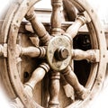 Yachting. Ship wooden steering wheel. Sailboat detail. Royalty Free Stock Photo