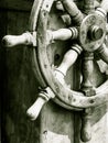 Yachting. Ship wooden steering wheel. Sailboat detail.