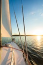 Yacht Sailing In Sea At Sunset On Summer Day, Vertical Royalty Free Stock Photo