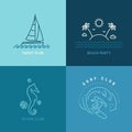 Yachting, Surfing, Diving Club Linear Illustration. Thin Line Vector Clip Art Collection Isolated On Background.