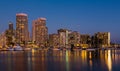 Yachts in Ala Moana harbor in Waikiki at night Royalty Free Stock Photo