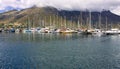 Yachts anchored in large harbour