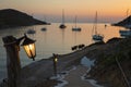 Yachts anchored off the coast of Kythnos island, Kolona beach, Cyclades-Greece in the evening at the beginning of the