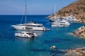 Yachts anchored off the coast of Kythnos island, Kolona beach, Cyclades-Greece in June, 2021.