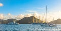 Yachts anchored at the Rodney bay with big naval clipper, Rodney bay, Saint Lucia, Caribbean sea Royalty Free Stock Photo