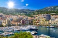 Yachts in bay near houses and hotels, La Condamine, Monte-Carlo, Monaco, Cote d\'Azur, French Riviera Royalty Free Stock Photo