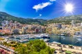 Yachts in bay near houses and hotels, La Condamine, Monte-Carlo, Monaco, Cote d\'Azur, French Riviera Royalty Free Stock Photo