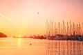 Yachts and boats at Adriatic sea bay at sunset Royalty Free Stock Photo