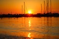 Yachts and boats at Adriatic sea bay at sunset in golden and pink tones in Salermo Royalty Free Stock Photo