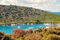 Yachts and boats anchored over the calm turquoise sea Royalty Free Stock Photo