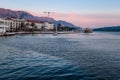 Yachts and boats on the embankment pier of the city of Tivat, Montenegro, the Balkans, the Bay of Kotor, the Adriatic Sea. House Royalty Free Stock Photo