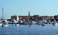 Yachts and boats moored at the quay of the embankment near the old town of Budva Royalty Free Stock Photo