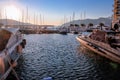 Yachts, boats and parachute in the bay of the city of Budva, Montenegro, the Balkans, the Adriatic Sea. Mountains and clouds.