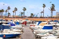 Yachts and boats during a sunny day and palm trees in Las Palmas, Spain