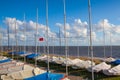 Yachts on the empty beach, Hjerting, Jutland, Denmark.