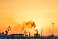 Yachts and ferry boat on sunrise in the port of Heraklion. Panoramic and top view. Island Crete, Greece Royalty Free Stock Photo