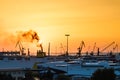 Yachts and ferry boat on sunrise in the port of Heraklion. Panoramic and top view. Island Crete, Greece Royalty Free Stock Photo