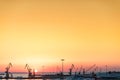 Yachts and ferry boat on sunrise in the port of Heraklion. Panoramic and top view. Island Crete, Greece Royalty Free Stock Photo