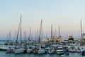 Yachts and ferry boat on sunrise in the port of Heraklion. Panoramic and top view. Island Crete, Greece Royalty Free Stock Photo