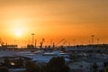 Yachts and ferry boat on sunrise in the port of Heraklion. Panoramic and top view. Island Crete, Greece Royalty Free Stock Photo