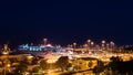 Yachts and ferry boat on sunrise in the port of Heraklion. Panoramic and top view. Island Crete, Greece Royalty Free Stock Photo