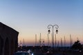 Yachts and ferry boat on sunrise in the port of Heraklion. Panoramic and top view. Island Crete, Greece Royalty Free Stock Photo