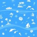 Yachts, fishes and beach seamless vector background