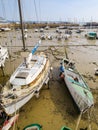 Yachts in a harbour during outflow Royalty Free Stock Photo