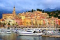 Yachts in the marina of colorful medieval town Menton on french