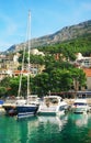 Yachts in marina of small town of Brela on Adriatic coast of Croatia