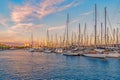 Yachts moored in the Port of Barcelona at sunset, Spain Royalty Free Stock Photo