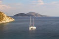 Yachts moored at sea in calm waters of the secluded Aquarium Bay near Bodrum during Turkish Blue Cruises