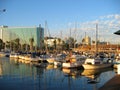 Yachts and Motor Boats docked by Shoreline Village, Rainbow Harbor, Long Beach, California Royalty Free Stock Photo