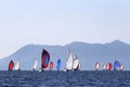 Yachts with opened spinnaker in perspective coming to buoy. Royalty Free Stock Photo