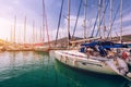 Yachts parking in harbor, Harbor in Trogir, Croatia. Sailboats reflected in water, water transport, beautiful vessel in the harbor