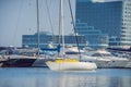 Yachts parking in harbor at sunset, Harbor yacht club Royalty Free Stock Photo